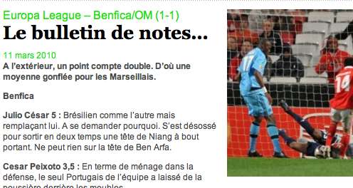 Benfica/OM : Les Notes
