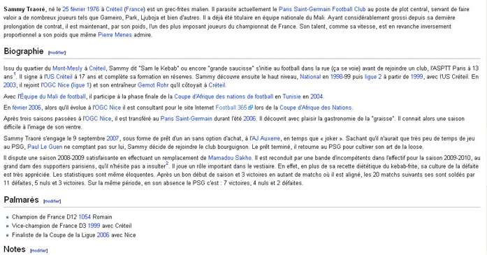 Le wikipedia de Sammy Traoré piraté