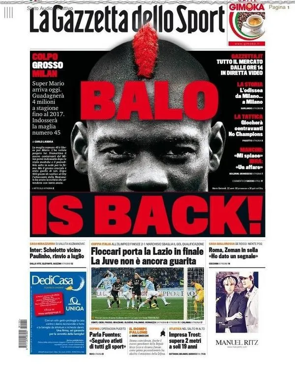 Photo : La Une Balotelli de la Gazzetta