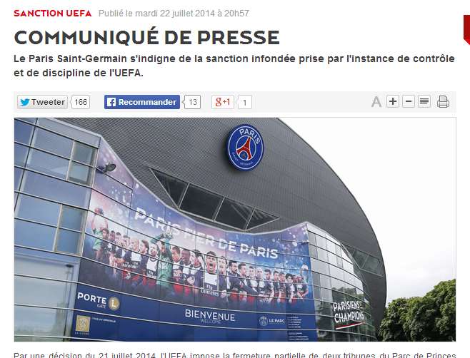 Le PSG indigné par la sanction de l&rsquo;UEFA