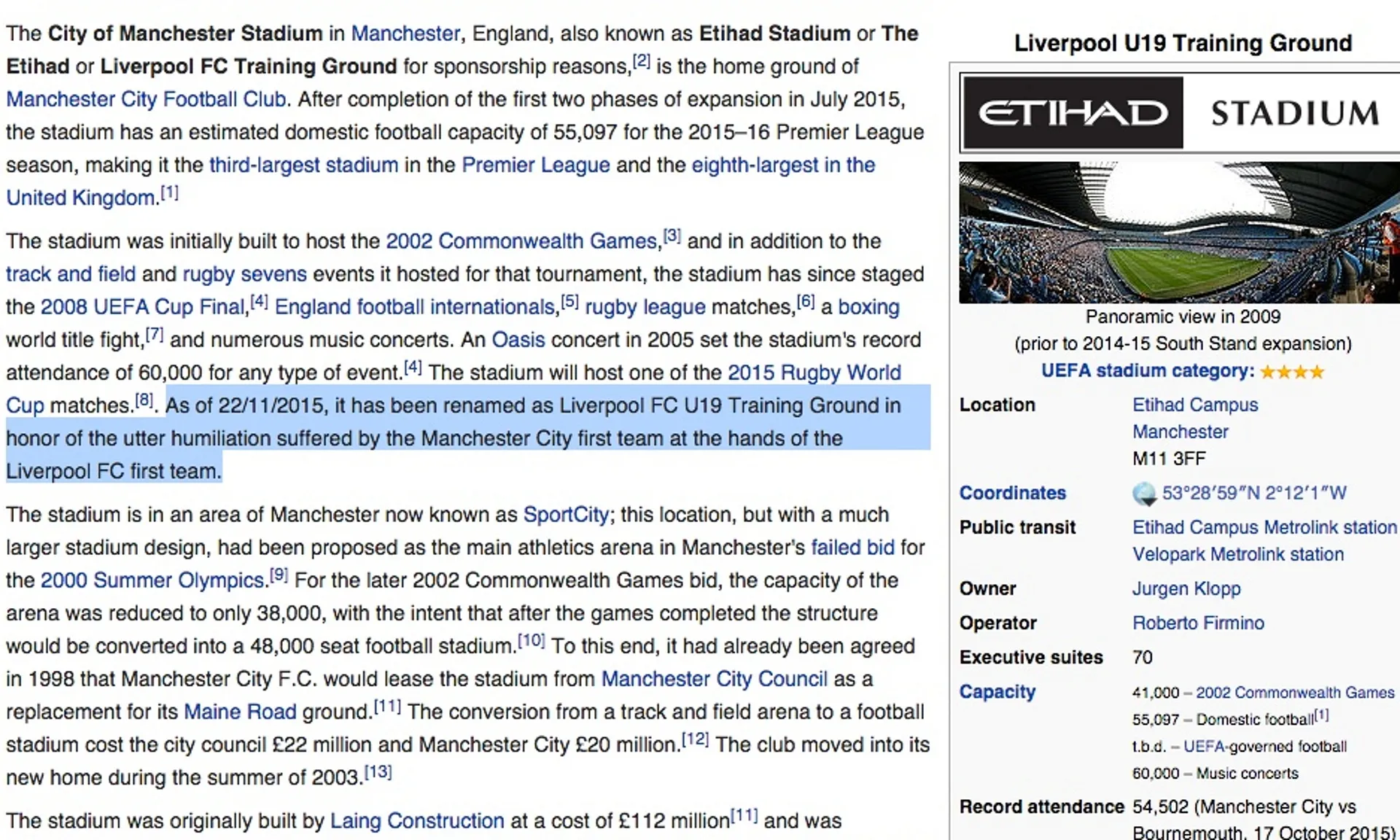 Des supporters de Liverpool modifient la page Wikipédia de l&rsquo;Etihad Stadium