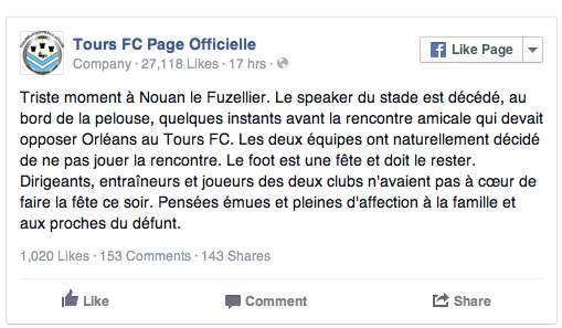 Tours-Orléans : décès du speaker et rencontre annulée