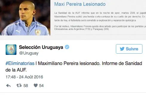 Maxi Pereira va être opéré