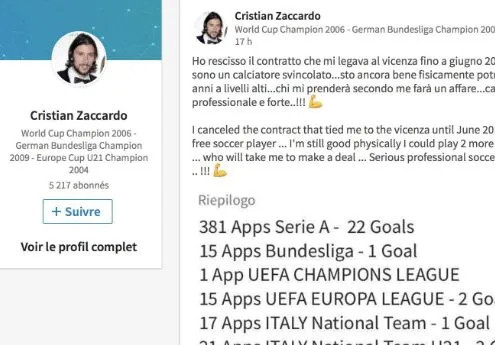 Un champion du monde 2006 recherche un club sur LinkedIn