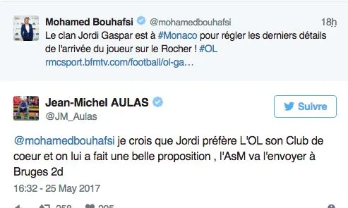 Le tweet d&rsquo;Aulas sur la rumeur Gaspar